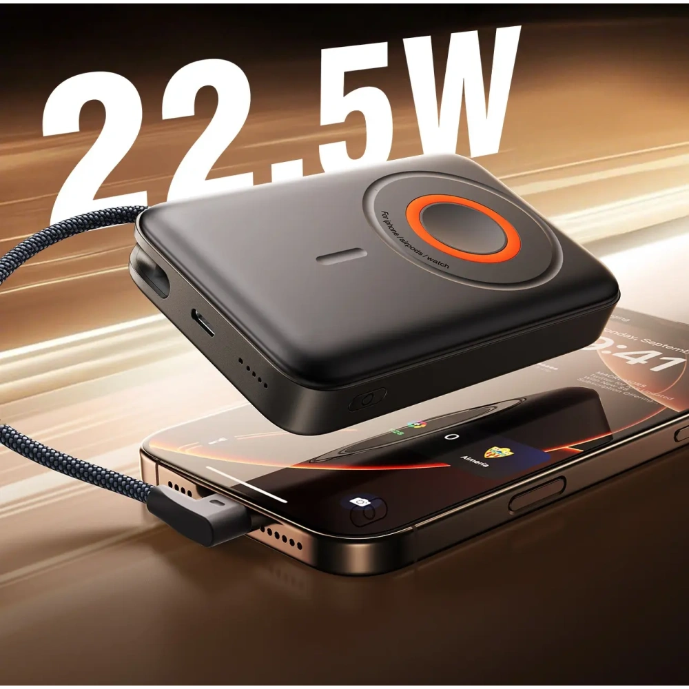 Powerbank bezprzewodowy Joyroom JR-PBM02 22.5W 10000mAh USB-C, MagSafe z wbudowanym kablem USB-C czarny