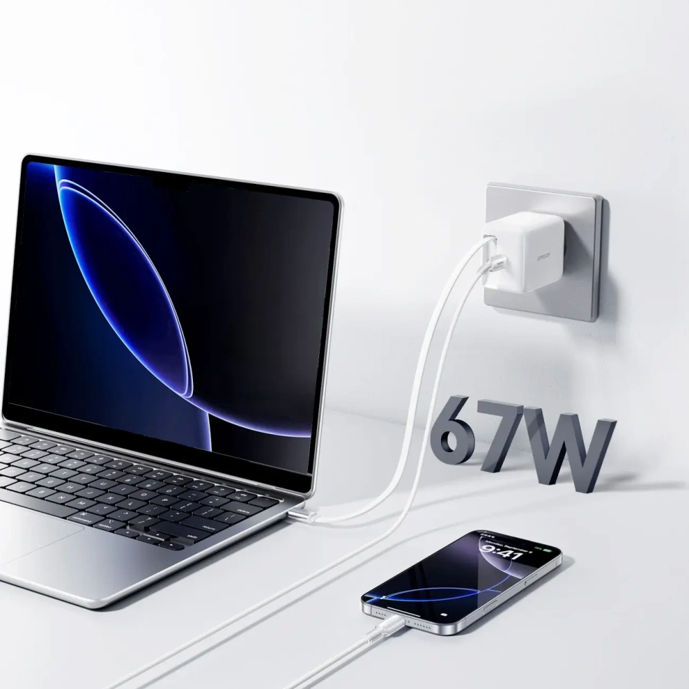 Ładowarka sieciowa Joyroom JR-TCL06 67W USB-C GaN z wbudowanym kablem USB-C biała
