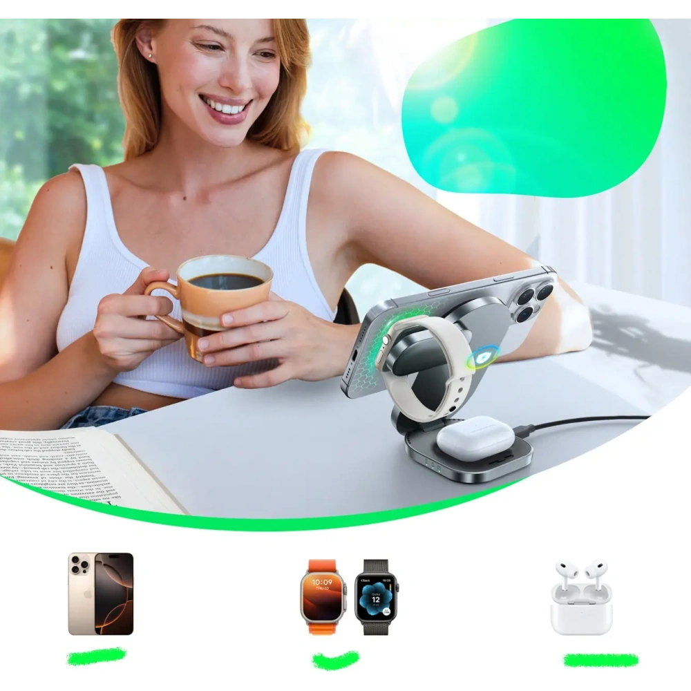 Ładowarka indukcyjna Joyroom JR-W17 Qi 3w1 do telefonu / smartwatcha / słuchawek czarna