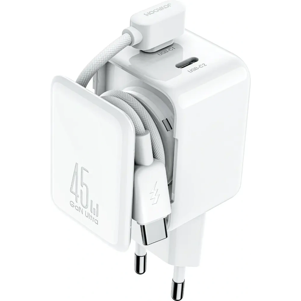 Ładowarka sieciowa Joyroom JR-TCL05 45W GaN 2x USB-C z organizerem na kabel + kabel USB-C / USB-C biała