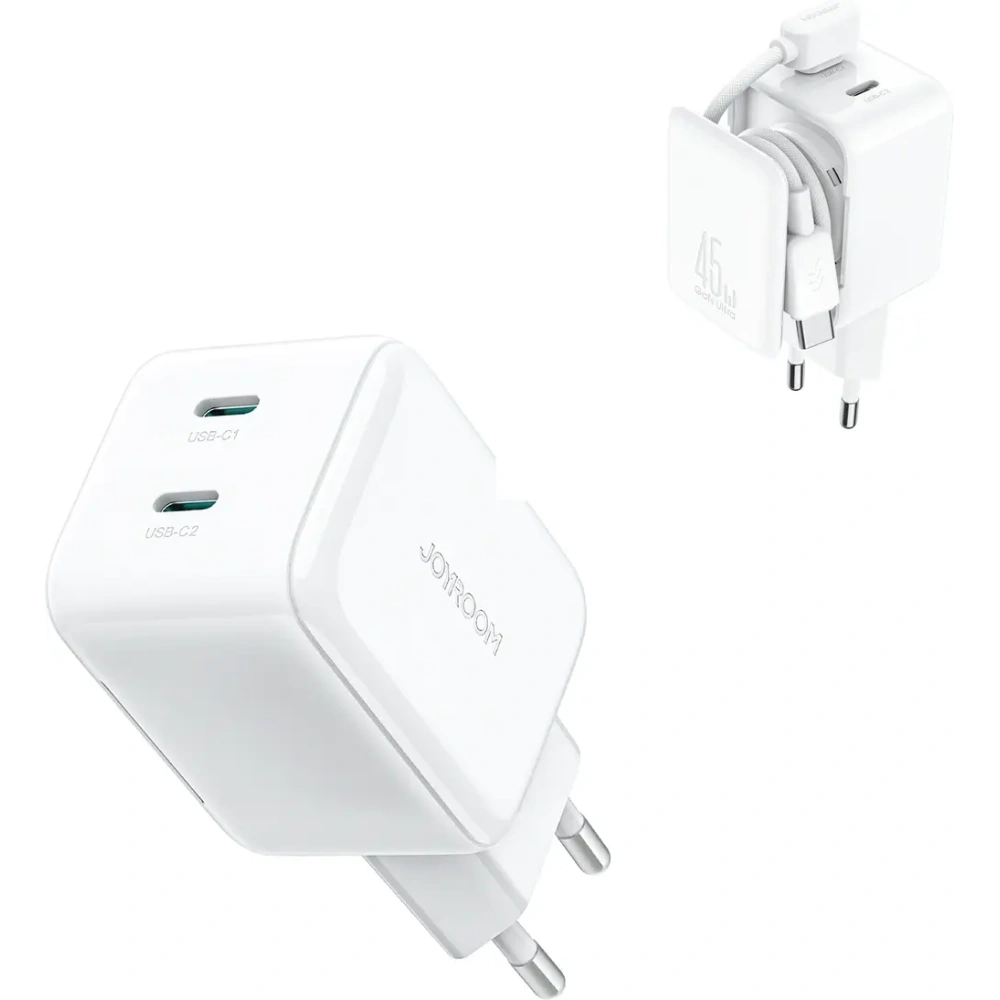 Ładowarka sieciowa Joyroom JR-TCL05 45W GaN 2x USB-C z organizerem na kabel + kabel USB-C / USB-C biała