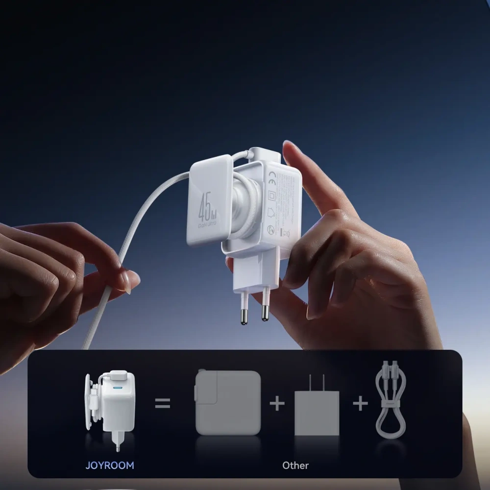 Ładowarka sieciowa Joyroom JR-TCL05 45W GaN 2x USB-C z organizerem na kabel + kabel USB-C / USB-C biała