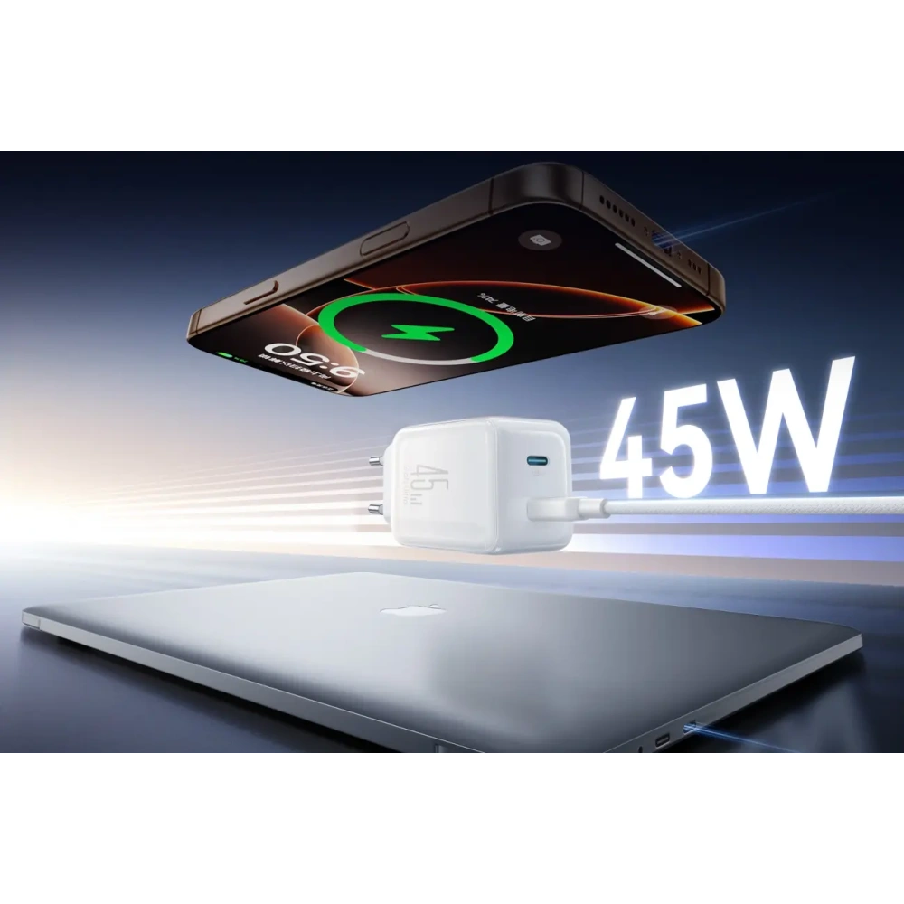 Ładowarka sieciowa Joyroom JR-TCL05 45W GaN 2x USB-C z organizerem na kabel + kabel USB-C / USB-C biała