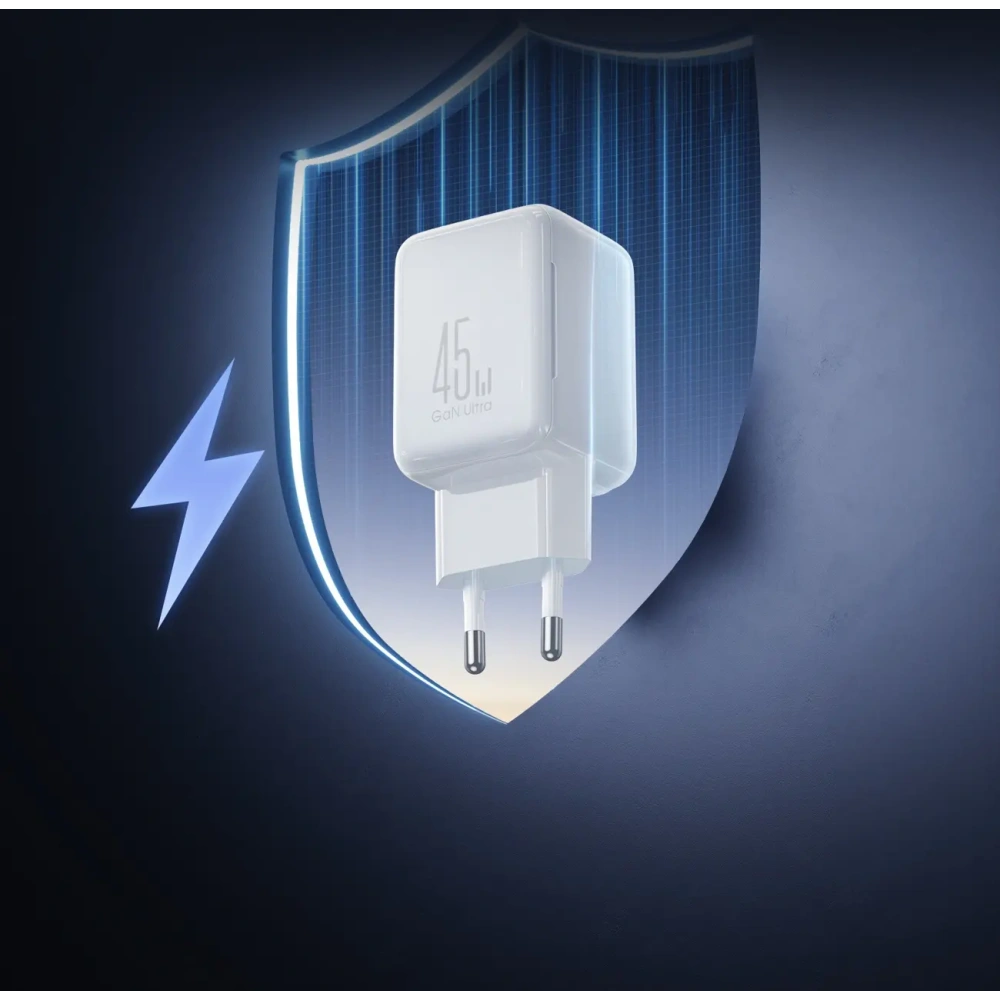 Ładowarka sieciowa Joyroom JR-TCL05 45W GaN 2x USB-C z organizerem na kabel + kabel USB-C / USB-C biała