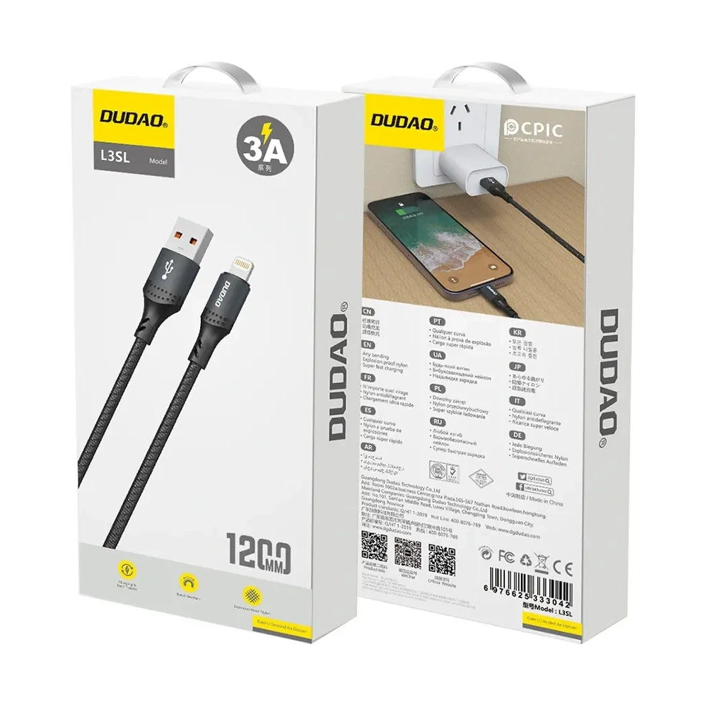 Kabel w oplocie Dudao 3A 30W L3SL USB-A / Lightning 1.2m czarny