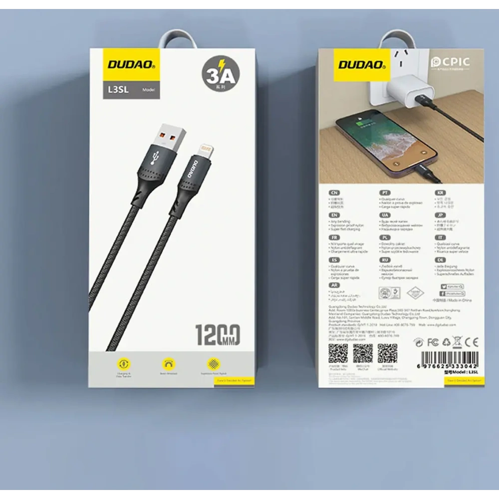 Kabel w oplocie Dudao 3A 30W L3SL USB-A / Lightning 1.2m czarny