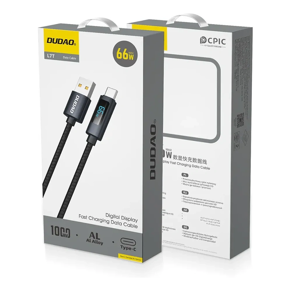 Kabel Dudao L7T USB-A / USB-C 66W z wyświetlaczem LED 1m czarny