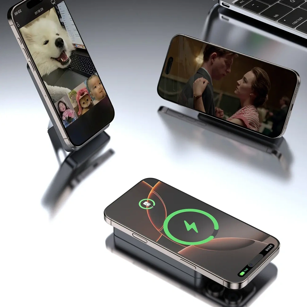 Powerbank bezprzewodowy Dudao K29 10000mAh PD 20W MagSafe z metalową obudową, podstawką i wbudowanymi kablami USB-C, Lightning szary