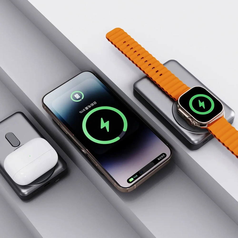 Powerbank bezprzewodowy Dudao K29 10000mAh PD 20W MagSafe z metalową obudową, podstawką i wbudowanymi kablami USB-C, Lightning srebrny