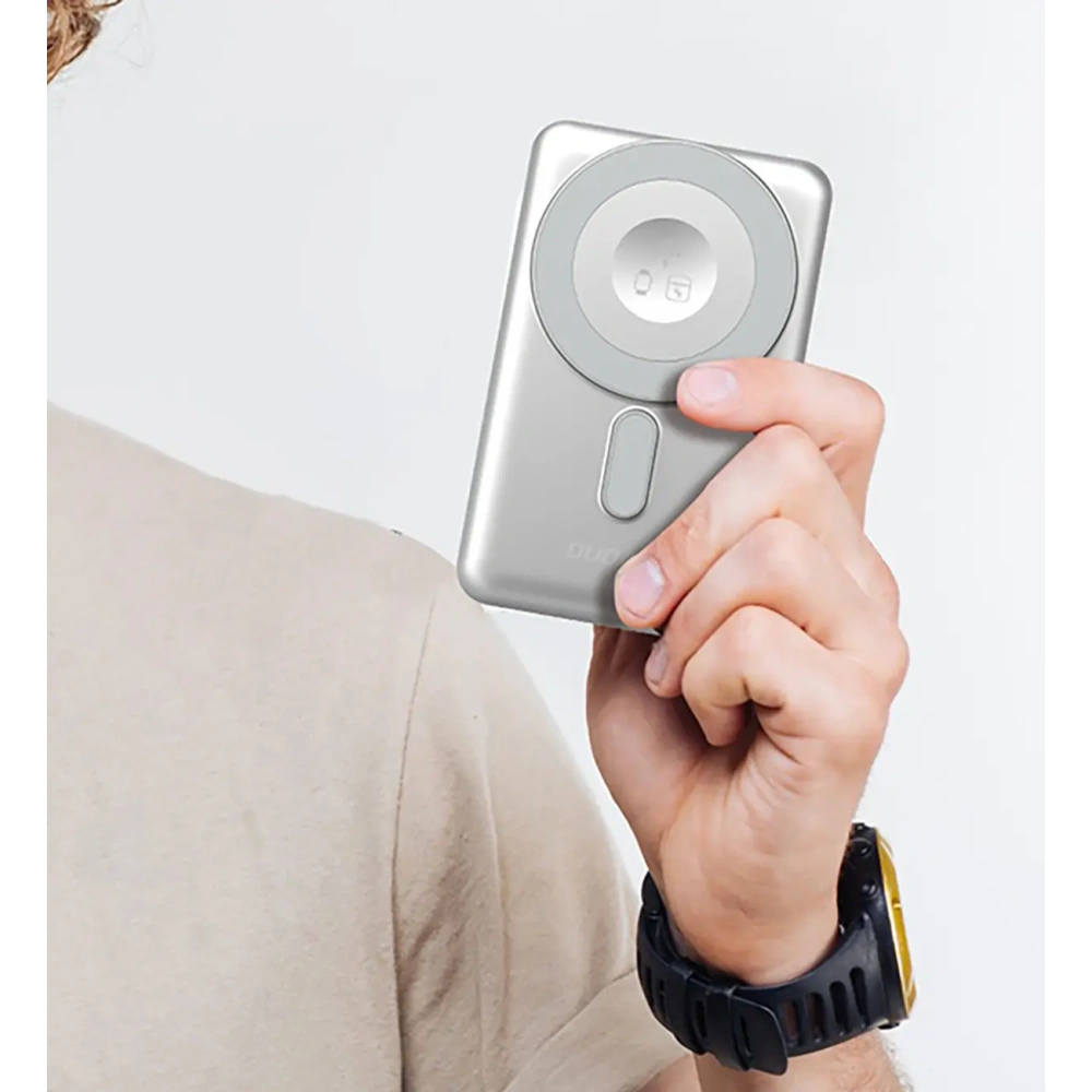 Powerbank bezprzewodowy Dudao K29 10000mAh PD 20W MagSafe z metalową obudową, podstawką i wbudowanymi kablami USB-C, Lightning srebrny