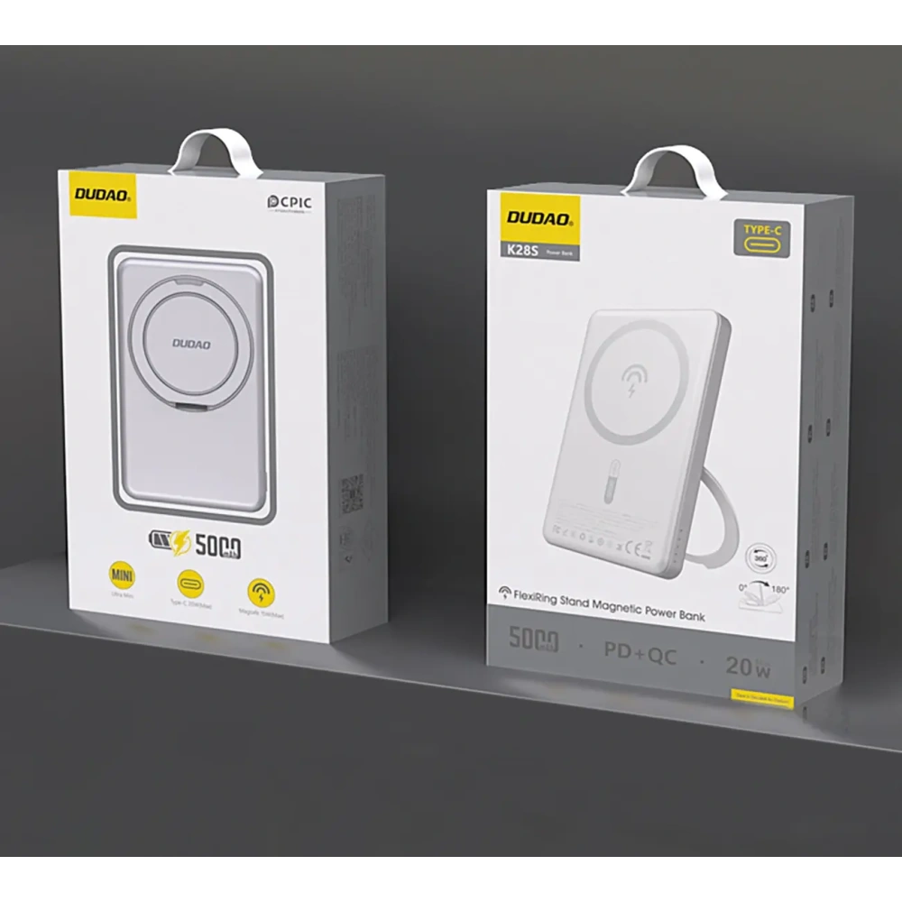 Powerbank bezprzewodowy Dudao K28 10000mAh PD 22.5W MagSafe z metalową obudową i pierścieniem-podstawką srebrny