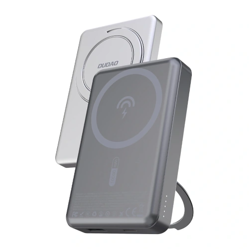 Powerbank bezprzewodowy Dudao K28 10000mAh PD 22.5W MagSafe z metalową obudową i pierścieniem-podstawką srebrny