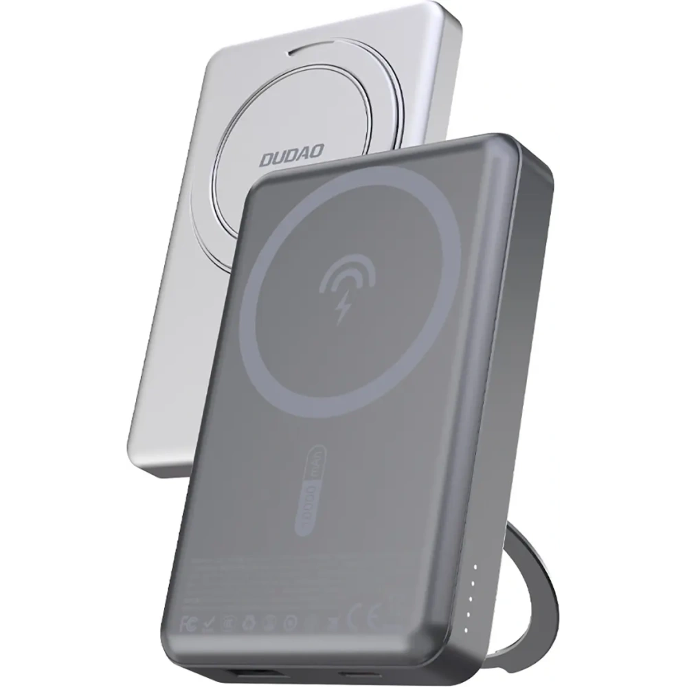 Powerbank bezprzewodowy Dudao K28 10000mAh PD 22.5W MagSafe z metalową obudową i pierścieniem-podstawką srebrny