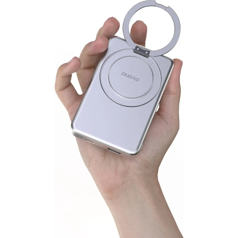 Powerbank bezprzewodowy Dudao K28 10000mAh PD 22.5W MagSafe z metalową obudową i pierścieniem-podstawką srebrny
