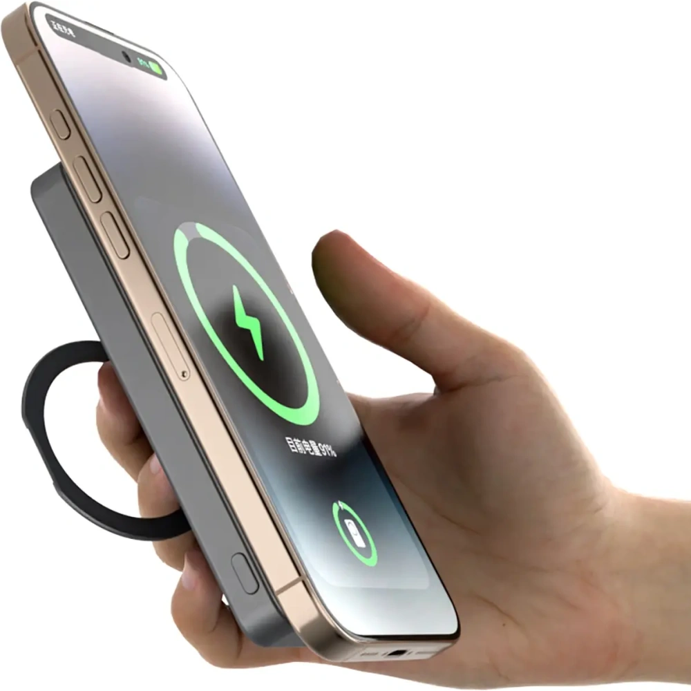 Powerbank bezprzewodowy Dudao K28 10000mAh PD 22.5W MagSafe z metalową obudową i pierścieniem-podstawką srebrny