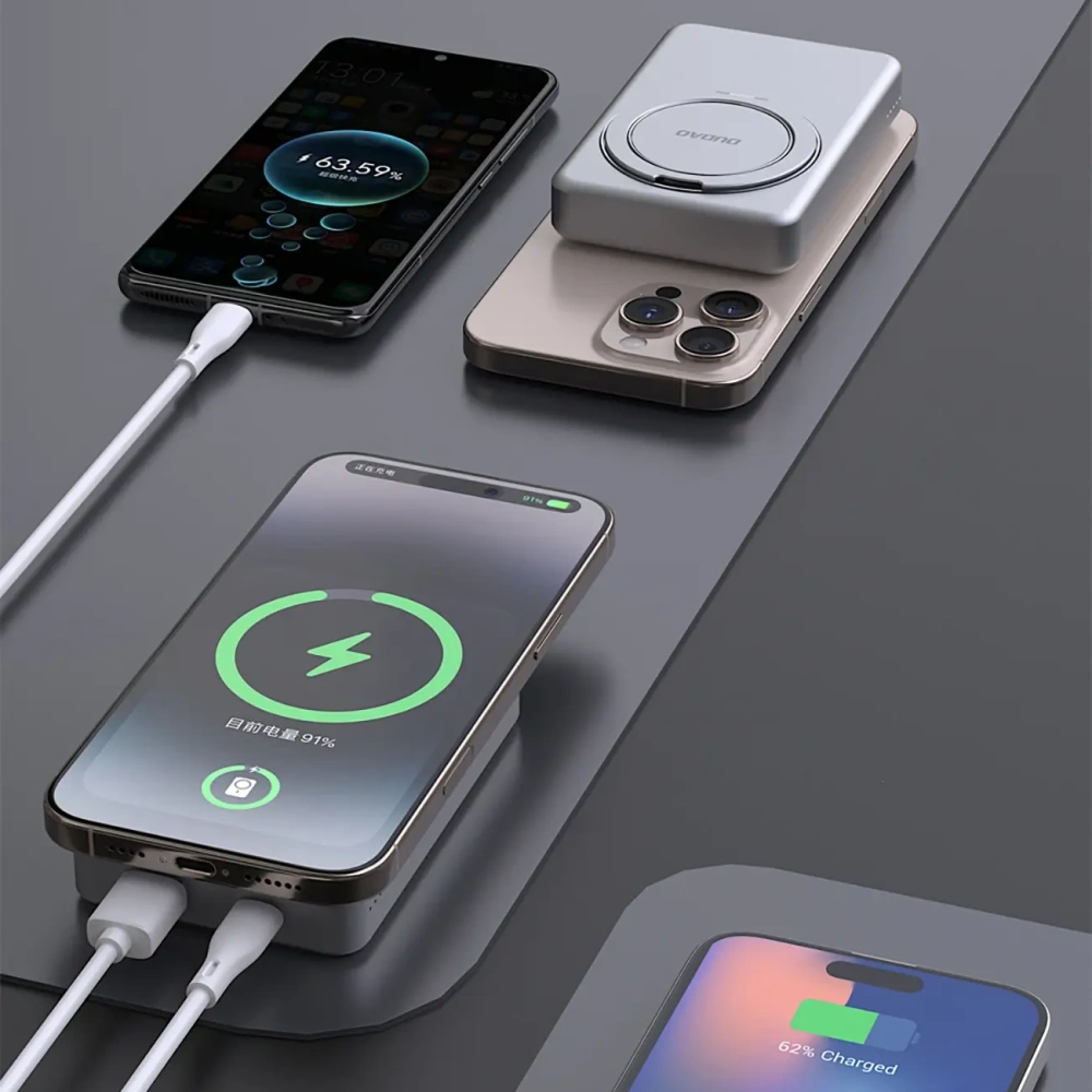 Powerbank bezprzewodowy Dudao K28 10000mAh PD 22.5W MagSafe z metalową obudową i pierścieniem-podstawką srebrny