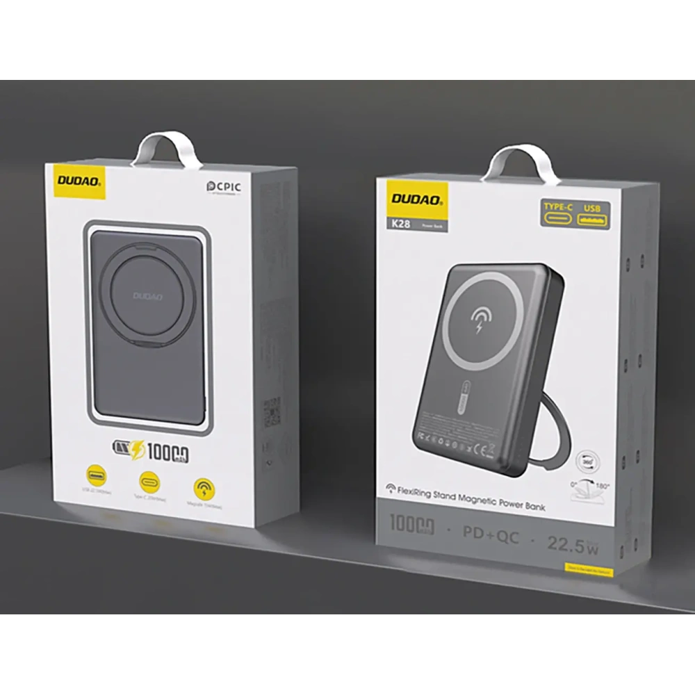 Powerbank bezprzewodowy Dudao K28 10000mAh PD 22.5W MagSafe z metalową obudową i pierścieniem-podstawką szary