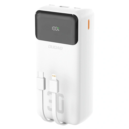 Powerbank Dudao K15MAX 30000mAh PD 22.5W z wbudowanymi kablami USB-C, Lightning biały