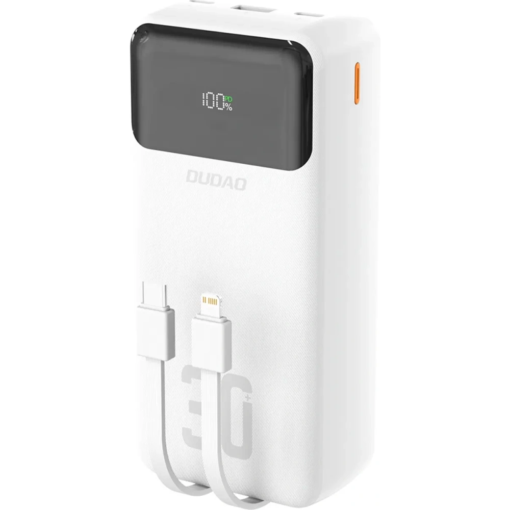 Powerbank Dudao K15MAX 30000mAh PD 22.5W z wbudowanymi kablami USB-C, Lightning biały