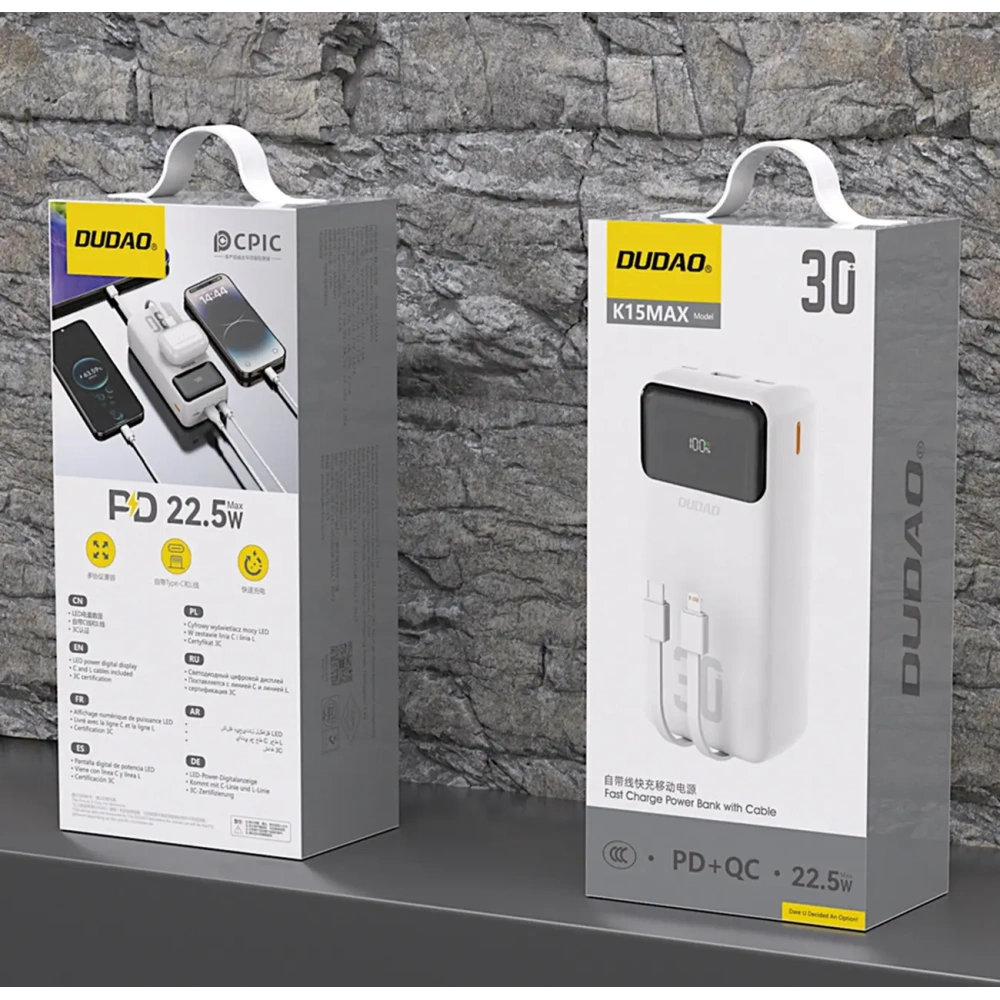 Powerbank Dudao K15MAX 30000mAh PD 22.5W z wbudowanymi kablami USB-C, Lightning biały