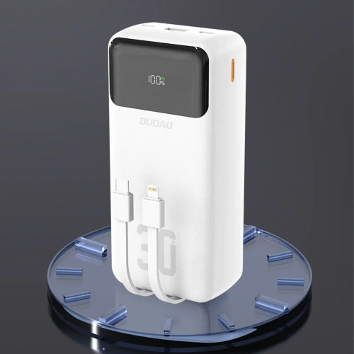 Powerbank Dudao K15MAX 30000mAh PD 22.5W z wbudowanymi kablami USB-C, Lightning biały