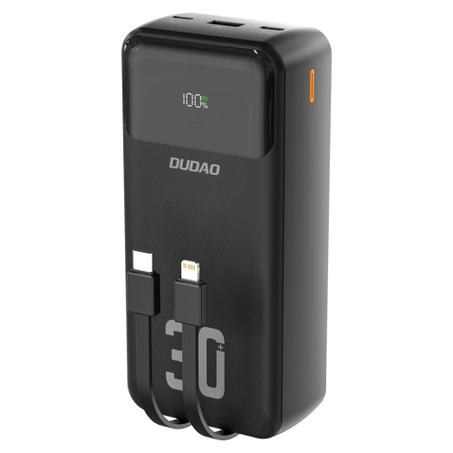 Powerbank Dudao K15MAX 30000mAh PD 22.5W z wbudowanymi kablami USB-C, Lightning czarny