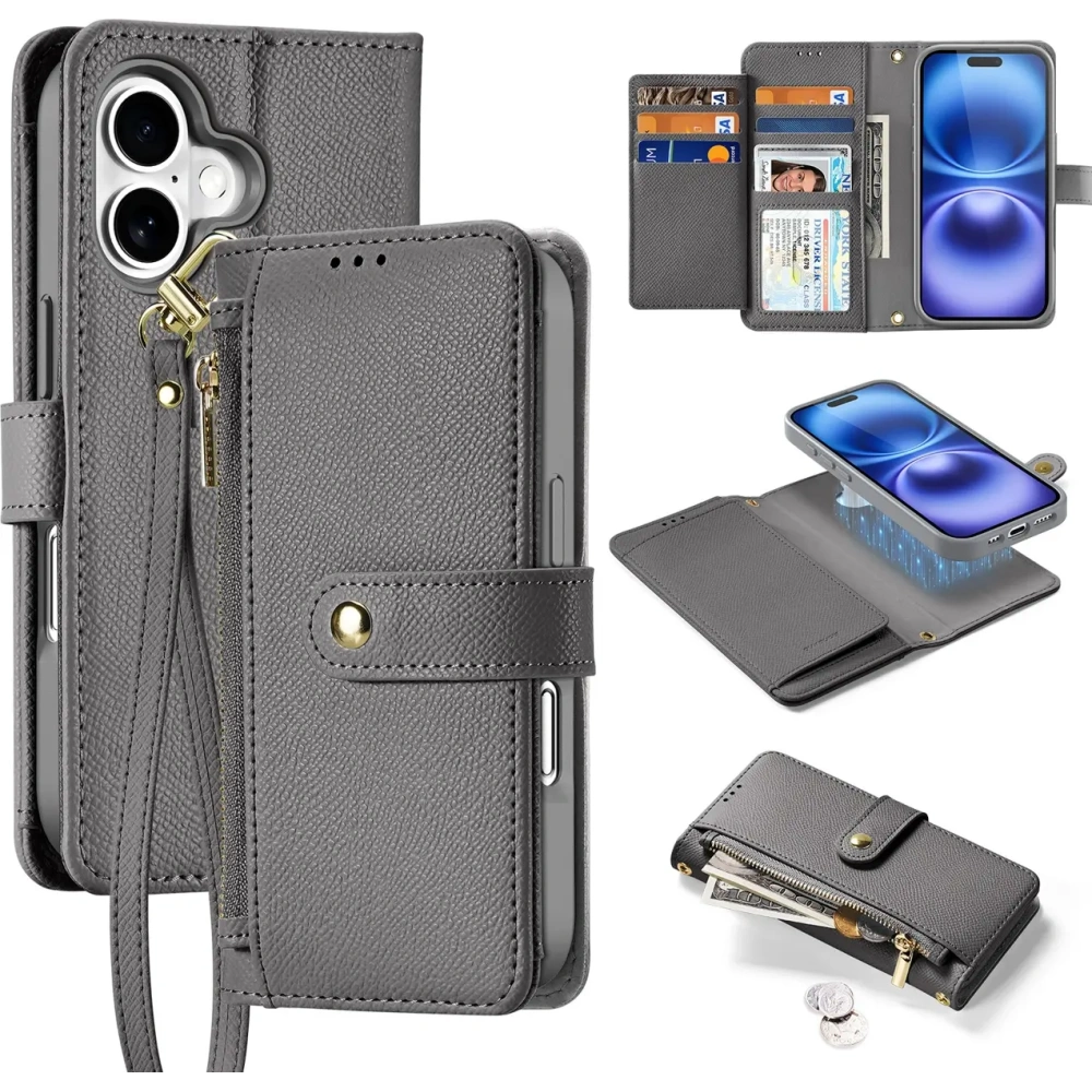 Etui z klapką Dux Ducis Lawa do Apple iPhone 16 z odłączanym portfelem magnetycznym szare