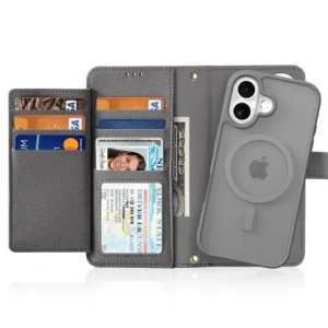 Etui z klapką Dux Ducis Lawa do Apple iPhone 16 z odłączanym portfelem magnetycznym szare