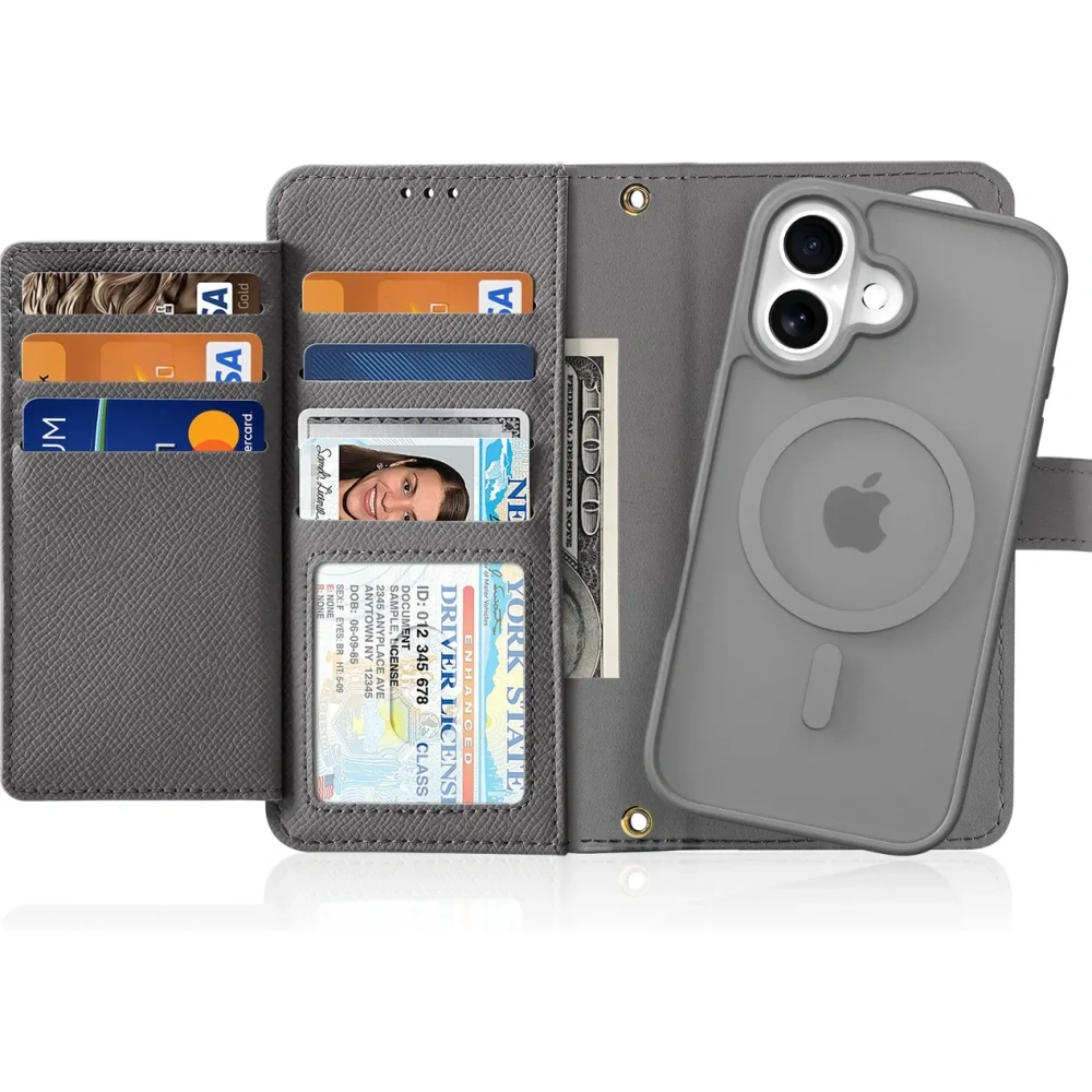Etui z klapką Dux Ducis Lawa do Apple iPhone 16 z odłączanym portfelem magnetycznym szare