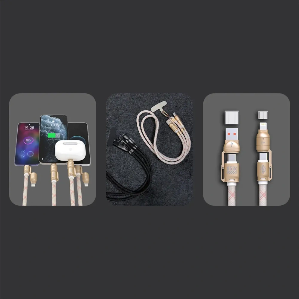 Kabel 4w1 ze smyczką Dudao L20MAX USB-A / USB-C 65W, USB-C / Lightning 27W PD QC 1.5m różowy