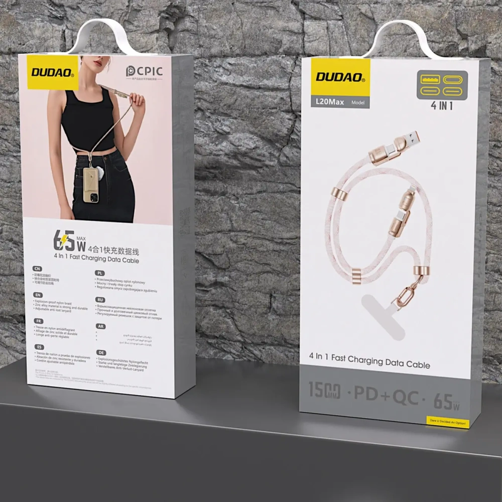 Kabel 4w1 ze smyczką Dudao L20MAX USB-A / USB-C 65W, USB-C / Lightning 27W PD QC 1.5m różowy