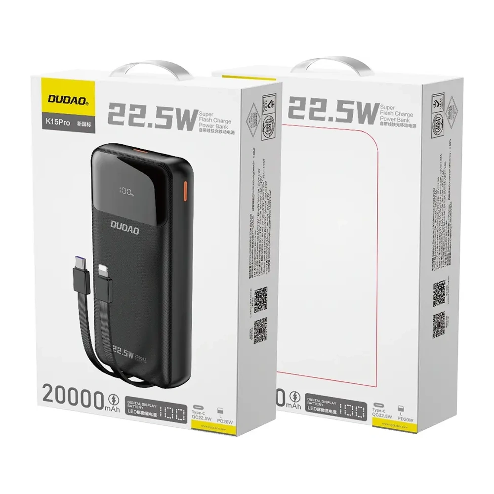 Powerbank Dudao K15Pro 20000mAh 22.5W PD USB-C / USB-A / wbudowane kable Lightning, USB-C czarny