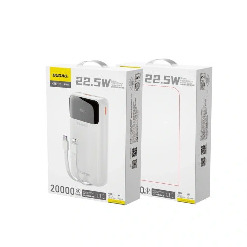 Powerbank Dudao K15Pro 20000mAh 22.5W PD USB-C / USB-A / wbudowane kable Lightning, USB-C biały