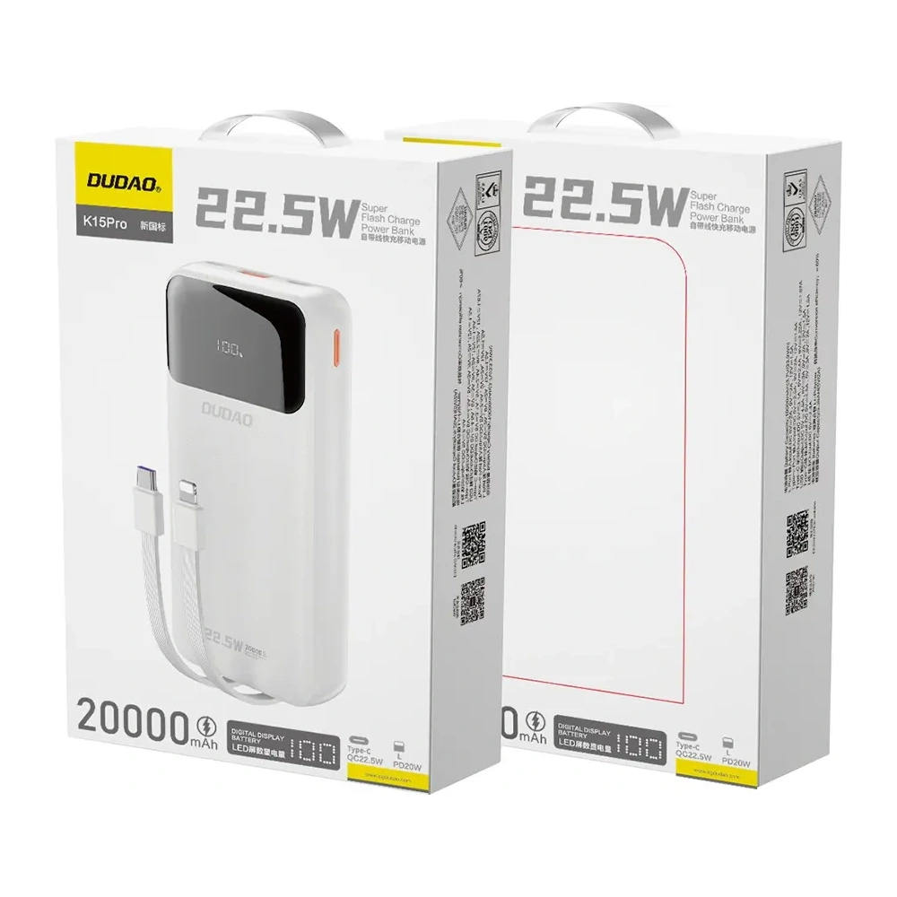 Powerbank Dudao K15Pro 20000mAh 22.5W PD USB-C / USB-A / wbudowane kable Lightning, USB-C biały