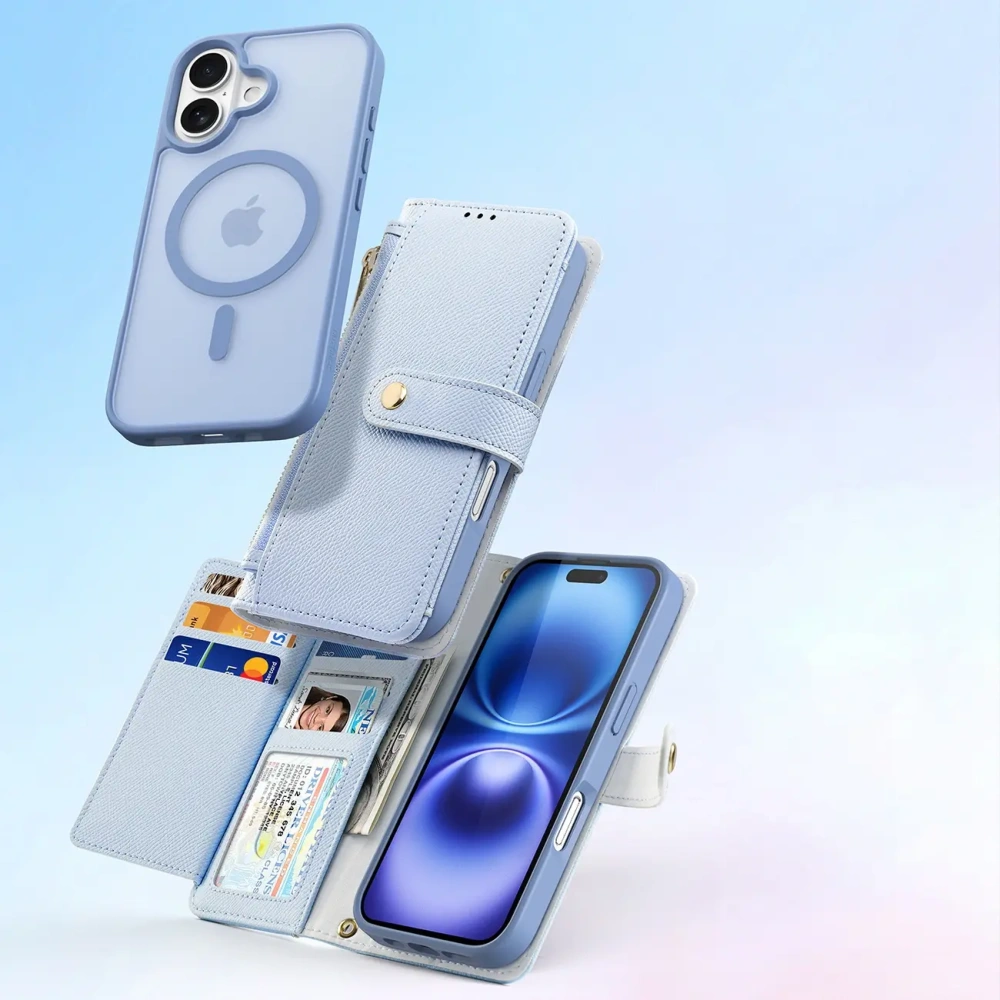 Etui z klapką Dux Ducis Lawa do Apple iPhone 16 z odłączanym portfelem magnetycznym błękitne