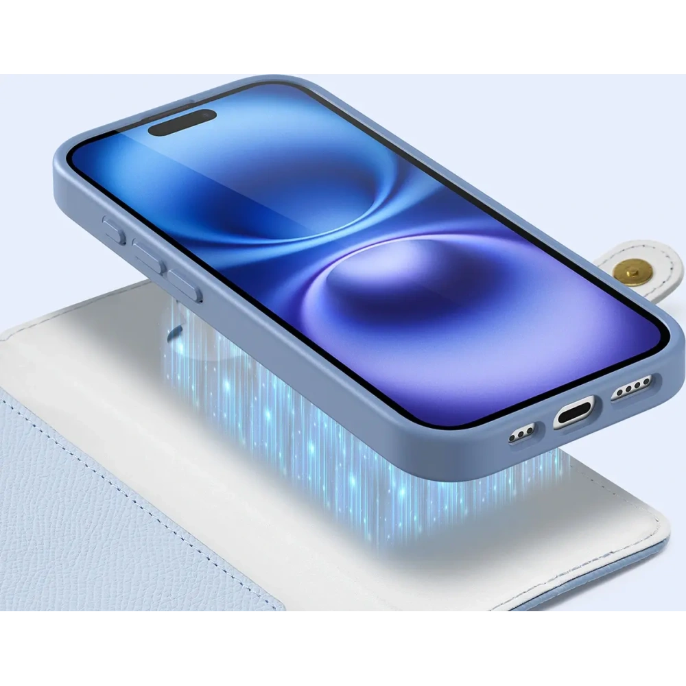 Etui z klapką Dux Ducis Lawa do Apple iPhone 16 z odłączanym portfelem magnetycznym błękitne