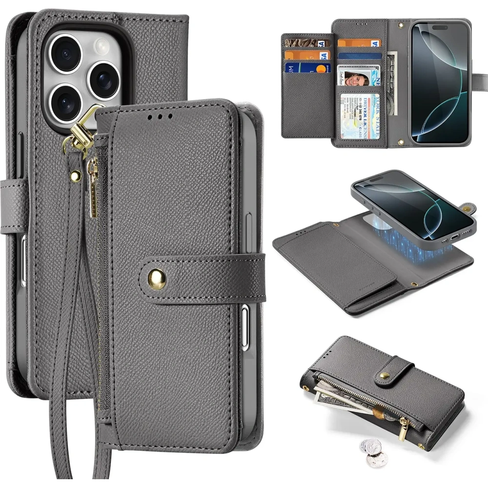 Etui z klapką Dux Ducis Lawa do Apple iPhone 16 Pro z odłączanym portfelem magnetycznym szare