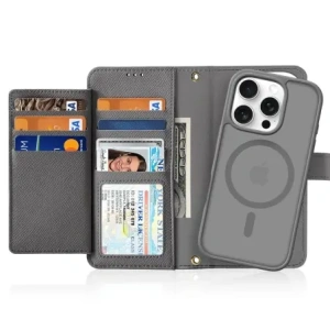 Etui z klapką Dux Ducis Lawa do Apple iPhone 16 Pro z odłączanym portfelem magnetycznym szare