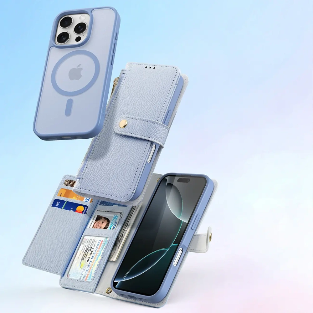 Etui z klapką Dux Ducis Lawa do Apple iPhone 16 Pro Max z odłączanym portfelem magnetycznym błękitne