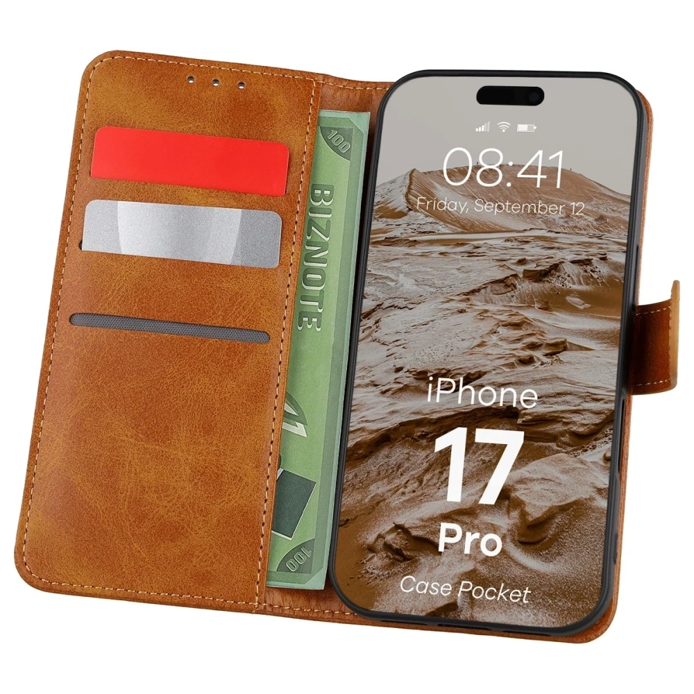 Etui z klapką Bizon Case Pocket do Apple iPhone 17 Pro brązowe