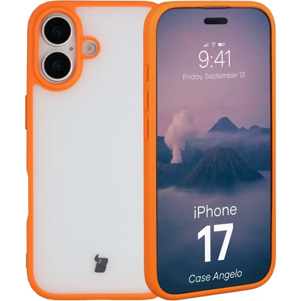Etui Bizon Case Angelo do Apple iPhone 17 półprzezroczyste z pomarańczową ramką