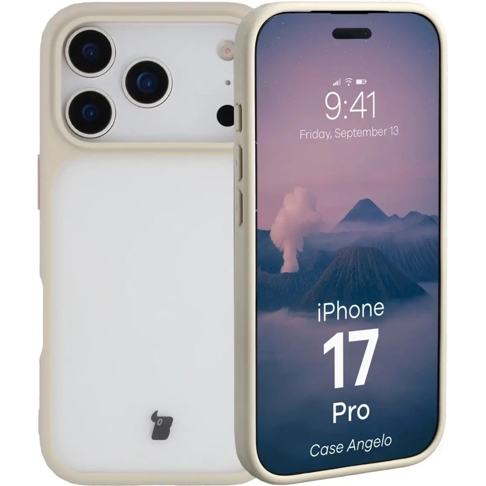 Etui Bizon Case Angelo do Apple iPhone 17 Pro półprzezroczyste z beżową ramką