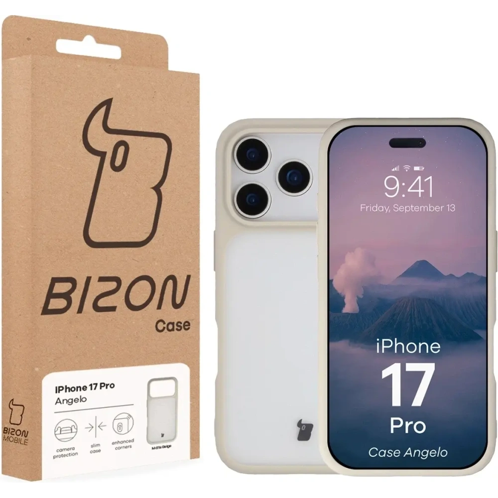 Etui Bizon Case Angelo do Apple iPhone 17 Pro półprzezroczyste z beżową ramką