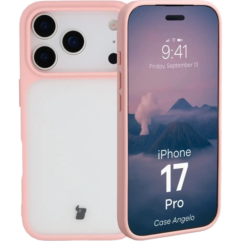 Etui Bizon Case Angelo do Apple iPhone 17 Pro półprzezroczyste z jasnoróżową ramką