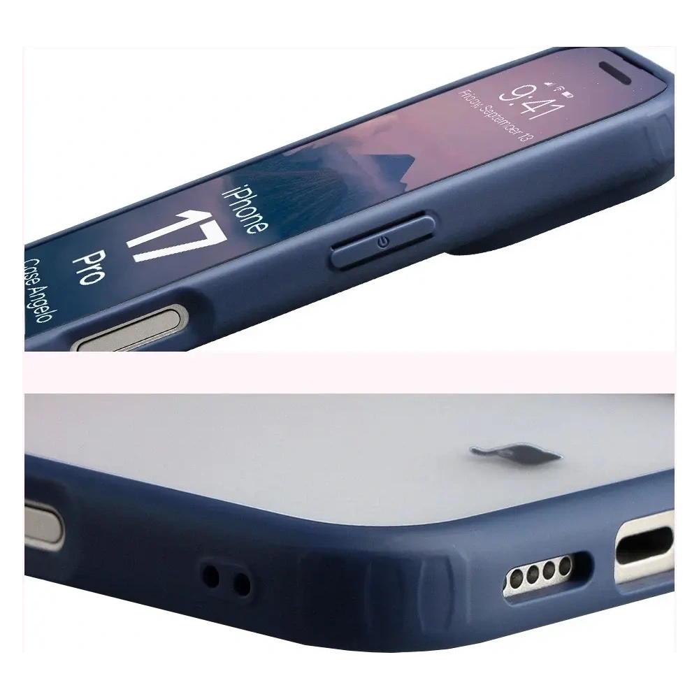 Etui Bizon Case Angelo do Apple iPhone 17 Pro półprzezroczyste z granatową ramką