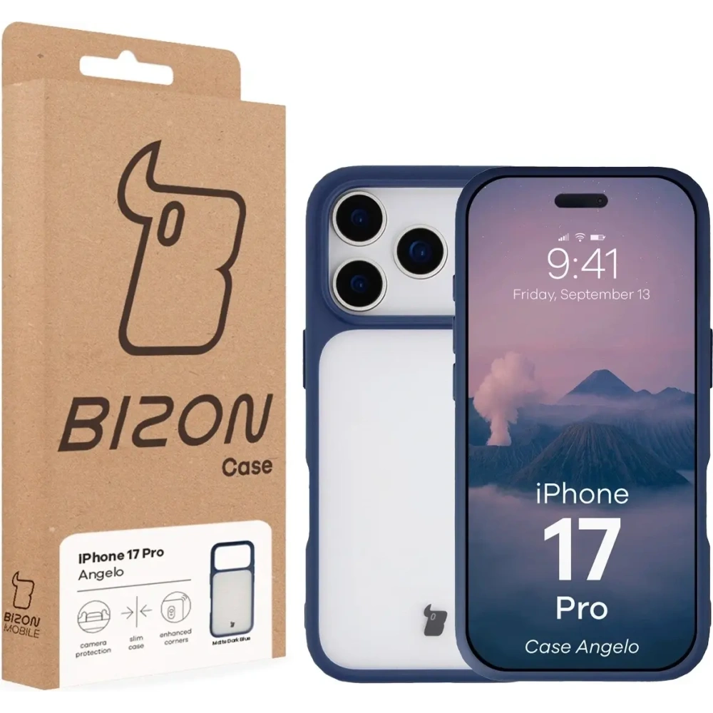 Etui Bizon Case Angelo do Apple iPhone 17 Pro półprzezroczyste z granatową ramką