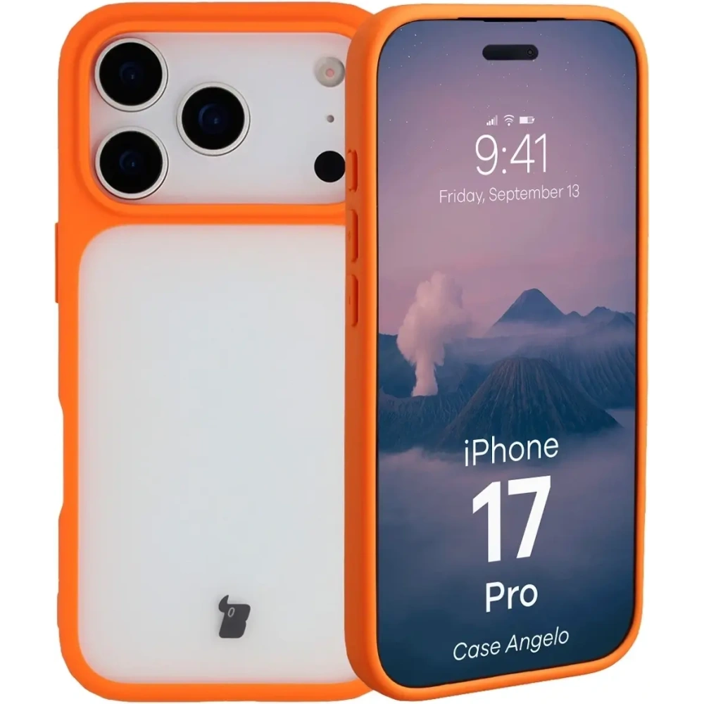 Etui Bizon Case Angelo do Apple iPhone 17 Pro półprzezroczyste z pomarańczową ramką
