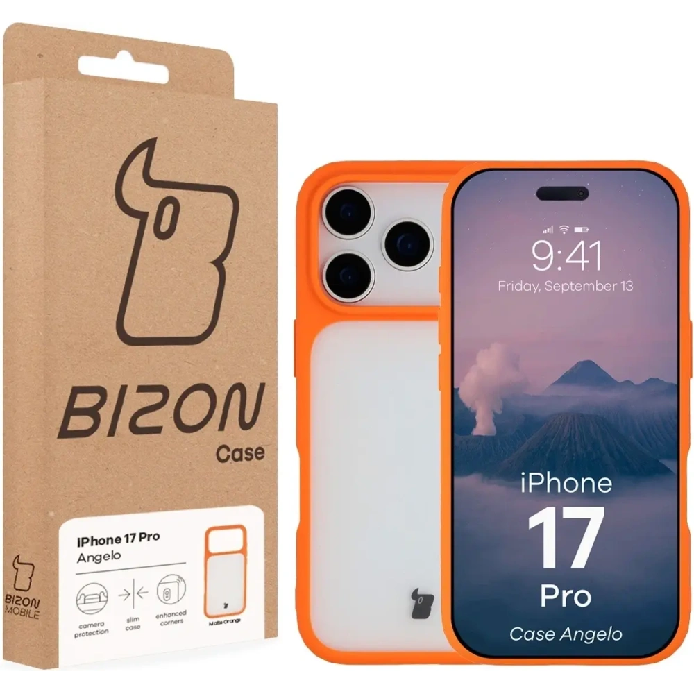 Etui Bizon Case Angelo do Apple iPhone 17 Pro półprzezroczyste z pomarańczową ramką