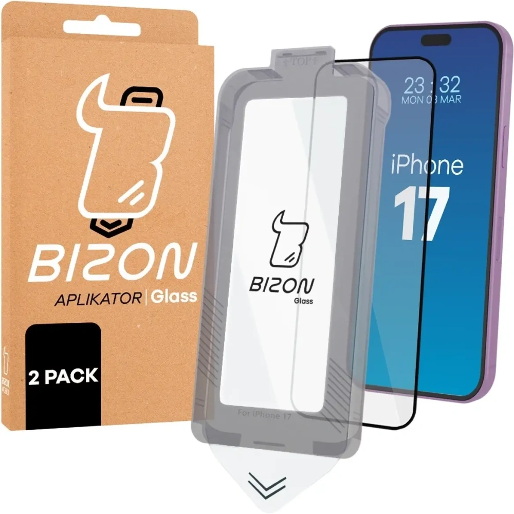 Szkło hartowane z ramką do łatwej aplikacji Bizon Glass Aplikator do Apple iPhone 17 [2 PACK]