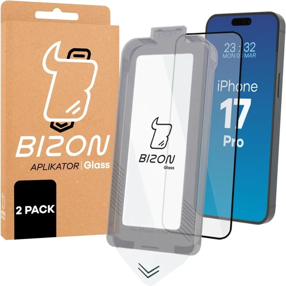 Szkło hartowane z ramką do łatwej aplikacji Bizon Glass Aplikator do Apple iPhone 17 Pro [2 PACK]